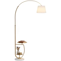 HOMCOM Lampadar de podea modern cu arc pentru living, 2 rafturi, înălțime reglabilă de 148 la 177 cm, auriu și bej(m-8)