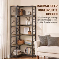 HOMCOM 6-laags L-vormige boekenkast, vrijstaand hoekrek met metalen frame, rustiek bruin(m-4)