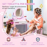 ZONEKIZ Set Toeletta Trucco per Bambini con Tavolino con Specchi e Sgabello, Età 3-6 Anni, Rosa(m-4)