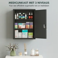 kleankin Medicijnkast voor wandmontage met slot, 3-niveaus stalen wandkast, 40 x 15 x 53,5 cm, Zwart(m-5)