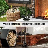 Outsunny Haardgereedschap, 5-delig, Bezem, Schop, Tang, Pook en Standaard, Brandveilig Metaal, Zwart(m-6)