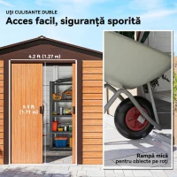 Outsunny Magazie de Grădină din Oțel cu Efect Lemn și Uși Duble Culisante, 278x195x215 cm, Maro(m-6)