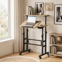 HOMCOM Bureau assis debout bureau réglable en hauteur 70 x 60 cm à roulettes avec plateau inclinable cadre en métal marron(m-17)