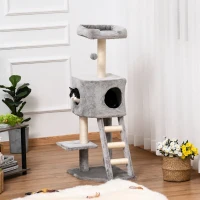 PawHut krabpaal kattenboom met kattengrot trap zacht kussen E1 MDF sisal lichtgrijs(m-7)