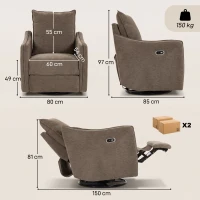 HOMCOM Poltrona Relax Elétrica Reclinável 155° com Apoia-pés, Giratória 270°, Assento Amplo, Balanço, Chenille, Caqui(m-3)