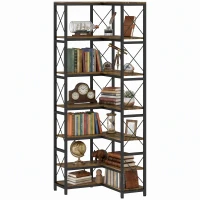 HOMCOM 6-laags L-vormige boekenkast, vrijstaand hoekrek met metalen frame, rustiek bruin(m-14)