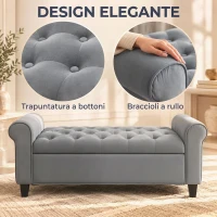 HOMCOM Panca Fondo Letto in Tessuto Vellutato con Spazio Portaoggetti e Braccioli, 126x48.5x57 cm, Grigio(m-7)