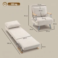 HOMCOM Poltrona-Cama em Veludo com Encosto Ajustável, Almofada e Braços em Madeira para Sala ou Quarto, Creme(m-3)
