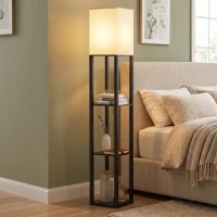 HOMCOM Vloerlamp met Planken, Moderne Dimbare Staande Lamp met Stoffen Kap, Instelbare Kleurtemperatuur, Zwart(m-5)