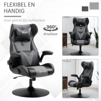 Vinsetto Gamingstoel, hoogteverstelbaar & draaibaar, Kunstlederen bekleding, opklapbare armleuningen, Zwart+Grijs(m-7)