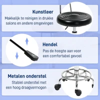 HOMCOM Rolkruk, draaibare en verstelbare kruk met rugleuning, kunstleren bekleding, voetensteun, voor kapperstafels, Zwart(m-6)