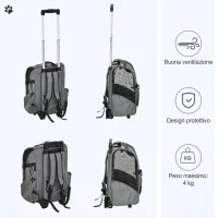 PawHut Trasportino Zaino  2 in 1 per Cani e Gatti con Tasche Laterali, Maniglia Telescopica e Ruote, 42x25x55cm, Grigio(m-7)