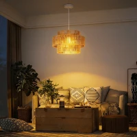 HOMCOM Hanglamp, Drielaags Lampenkap, Metaal, Henneptouw, Lichtbruin(m-6)