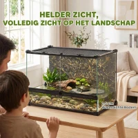 PawHut Terrarium voor reptielen Glazen terrarium 48L met voorventilatie stenen achterwand draaivergrendeling 50 x 30 x 35 cm Zwart(m-7)