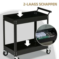 DURHAND Gereedschapswagen, 2 niveaus, wagen, 4 wielen, staal, tot 150 kg, 84,5 x 38 x 84 cm, Zwart(m-4)