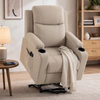 HOMCOM Fauteuil Électrique Releveur Inclinable, Chauffant, Massant, Lin, 2 Télécommandes, Crema(m-2)