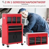 HOMCOM Gereedschapskast met Gereedschapskist, Op Wielen, 6 Laden, Metaal, Rood(m-4)