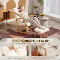 HOMCOM Schommelstoel met Voetensteun, Fleece-Bekleding, Hoge Rugleuning, Houten Poten, Voetpads, Wit(m-6)