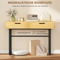 HOMCOM Consoletafel Smalle haltafel met 2 lades, metalen frame, voor hal 110 x 35 x 76,5 cm naturel(m-4)