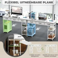 HOMCOM Bureau keukentafel met 2 USB-oplaadpoorten 2 stopcontacten verstelbare planken 3 stoffen lades 120x40x76 cm Wit(m-6)