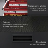 HOMCOM Mobiele gereedschapskast op wielen, Stevige kast met bovenste gereedschapskist en laden, afsluitbaar, Metaal, Zwart+Rood(m-7)