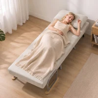 HOMCOM Poltrona-Cama em Veludo com Encosto Ajustável, Almofada e Braços em Madeira para Sala ou Quarto, Creme(m-8)