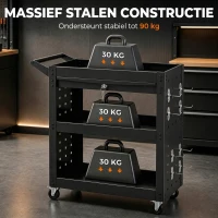 HOMCOM Gereedschapswagen met afsluitbare wielen, rollende werkplaatswagen met 3 niveaus, lade en perforatieplaten, Zwart(m-4)