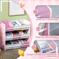 ZONEKIZ Mobiletto Portagiochi con 9 Cestini Rimovibili in Legno e Tessuto, 63x30x60 cm, Rosa e Bianco(m-5)