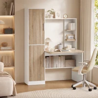 HOMCOM Birou pentru calculator cu 2 dulapuri și rafturi deschise, stil nordic, 122 x 52 x 168,4 cm, Alb și natural(m-6)