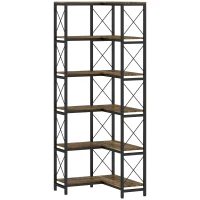 HOMCOM 6-laags L-vormige boekenkast, vrijstaand hoekrek met metalen frame, rustiek bruin(m-1)