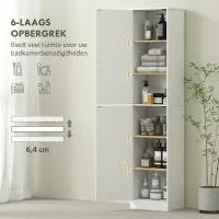 HOMCOM Badkamerkast 180 cm hoog, smalle kast met 2 deuren en 4 verstelbare planken, spaanplaat en MDF, wit(m-4)