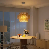 HOMCOM Hanglamp, Drielaags Lampenkap, Metaal, Henneptouw, Lichtbruin(m-8)