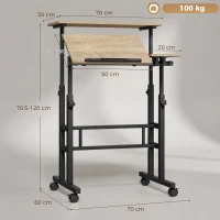 HOMCOM Bureau assis debout bureau réglable en hauteur 70 x 60 cm à roulettes avec plateau inclinable cadre en métal marron(m-3)