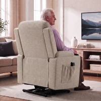 HOMCOM Sillón Eléctrico Elevador Reclinable, Calefactable, Masaje, Lino, 2 Mandos, Crema(m-4)