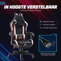 HOMCOM Gamingfauteuil met kattenoortjes, kantelbare rugleuning, uitschuifbare voetsteun, tot 120 kg, Roze/Zwart(m-5)