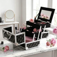 HOMCOM Mallette à maquillage rangement à 3 niveaux avec miroir verrouillage avec 2 clés dim. 20L x 15l x 15H cm noir(m-7)