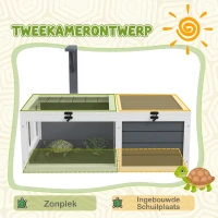 PawHut Schildpaddenverblijf, Reptielenbox met 2 Kamers, Deksel, Kunststof Schalen, Ramen, Hout, Grijs(m-4)