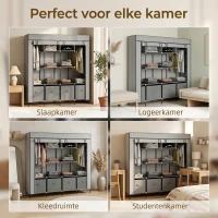 HOMCOM Kledingkast Stoffen Kast, Deuren, 2 Kledingstangen, 10 Vakken, Grijs(m-6)