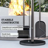 Outsunny Haardgereedschap, 5-delig, Bezem, Schop, Tang, Pook en Standaard, Brandveilig Metaal, Zwart(m-5)