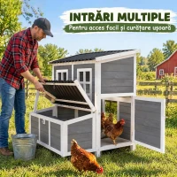 PawHut Coteț din Lemn pentru Găini cu Cuibar 3 Compartimente, Acoperiș Impermeabil, Tavă Detașabilă, pentru 2-4 Găini, Gri Deschis(m-6)
