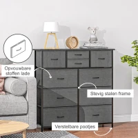 HOMCOM Dressoir, Sideboard met Stoffen Laden, 10 Vakken, Metalen Frame, 100x30x100cm, Zwart(m-5)