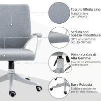 Vinsetto Sedia da Ufficio Ergonomica con Altezza Regolabile, Sedia Scrivania Imbottita Girevole 360° e Funzione Dondolo, in Tessuto effetto Lino Traspirante, per Studio, Grigio(m-6)