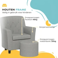 AIYAPLAY Kinderstoel met Poef, Rugleuning in Diamantpatroon, Zachte Zitplaats, Houten Frame, Grijs(m-5)