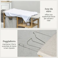 HOMCOM Cestino Portabiancheria in Bambù e Poliestere con Asse da Stiro e Ripiano a 3 Livelli, 113x34x82 cm(m-5)