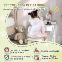 ZONEKIZ Set Toeletta per Bambina con Specchio Trucco e Sgabello Abbinato in Legno, Cassetto e Contenitori, Bianco(m-4)
