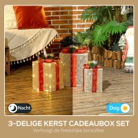 Outsunny 3-delige Kerstdecoratie Geschenkdozenset voor Binnen- en Buitendecoratie, met 58 LED-lampjes, Goudtint(m-4)