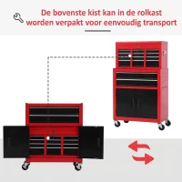 HOMCOM Gereedschapskast met Gereedschapskist, Op Wielen, 6 Laden, Metaal, Rood(m-6)