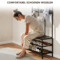 HOMCOM 3-in-1 kapstok met haken, bankje en schoenrek, metaal & spaanplaat, zwart(m-6)