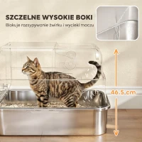 PawHut Kuweta dla kota ze stali nierdzewnej z pokrywą XXL, z podwójnymi drzwiami, łopatką, pedałem, wysuwaną tacą, łatwa w czyszczeniu, odporna na zapachy dla dużych kotów do 20 kg, 70x50x46,5cm, Szara(m-5)