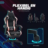 HOMCOM Gamingfauteuil met kattenoortjes, kantelbare rugleuning, uitschuifbare voetsteun, tot 120 kg, Roze/Zwart(m-7)